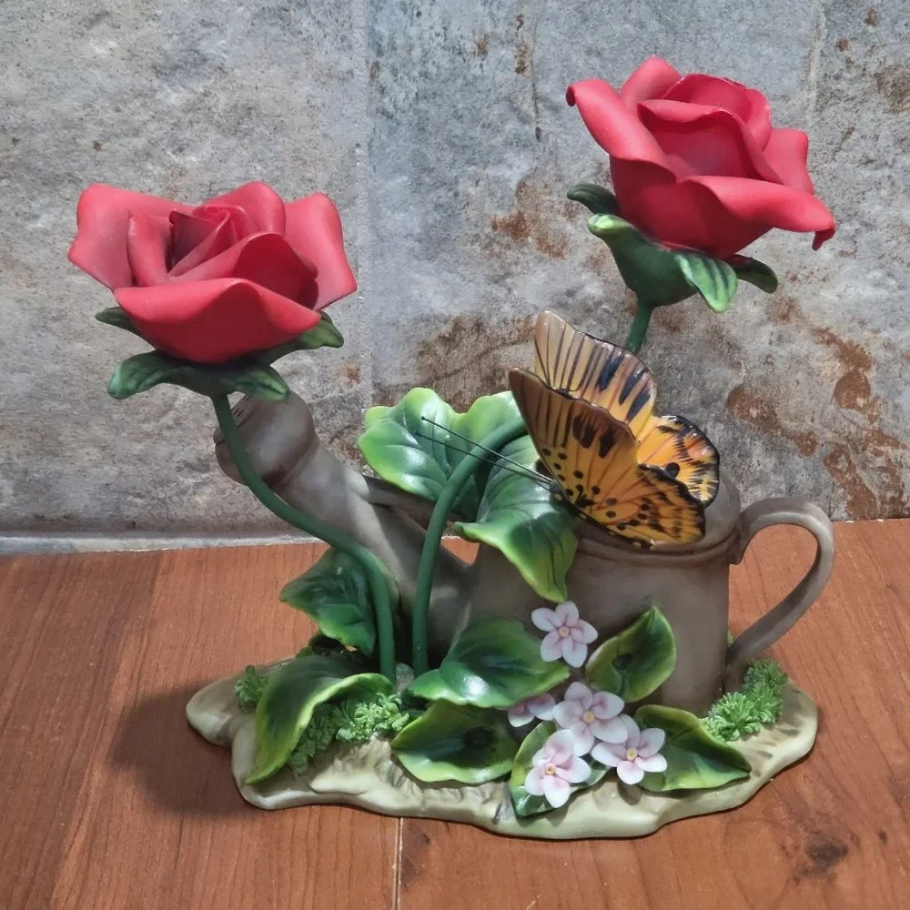 Butterfly and Roses Watering Can Planter Figurine Decor